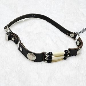 Black Leather Strap Western Style Beaded Choker Buckle Necklace Punk Y2K
